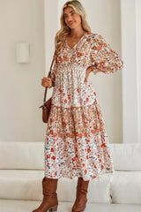 Khaki Floral Print Ruffled Tiered Long Sleeve V Neck Midi Dress - Femstylo
