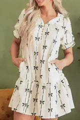 Frill Bow Print Notched Short Sleeve Mini Dress - Femstylo