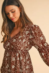 Brown Boho Floral Ruffle Puff Sleeve V Neck Mini Dress - Femstylo