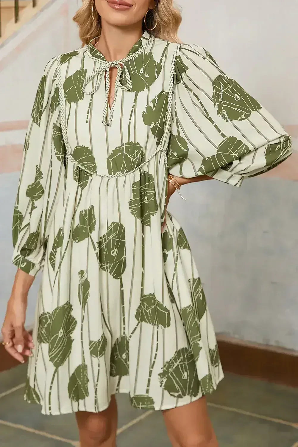 Guacamole Green Abstract Print Striped V-Neck Mini Dress - Femstylo