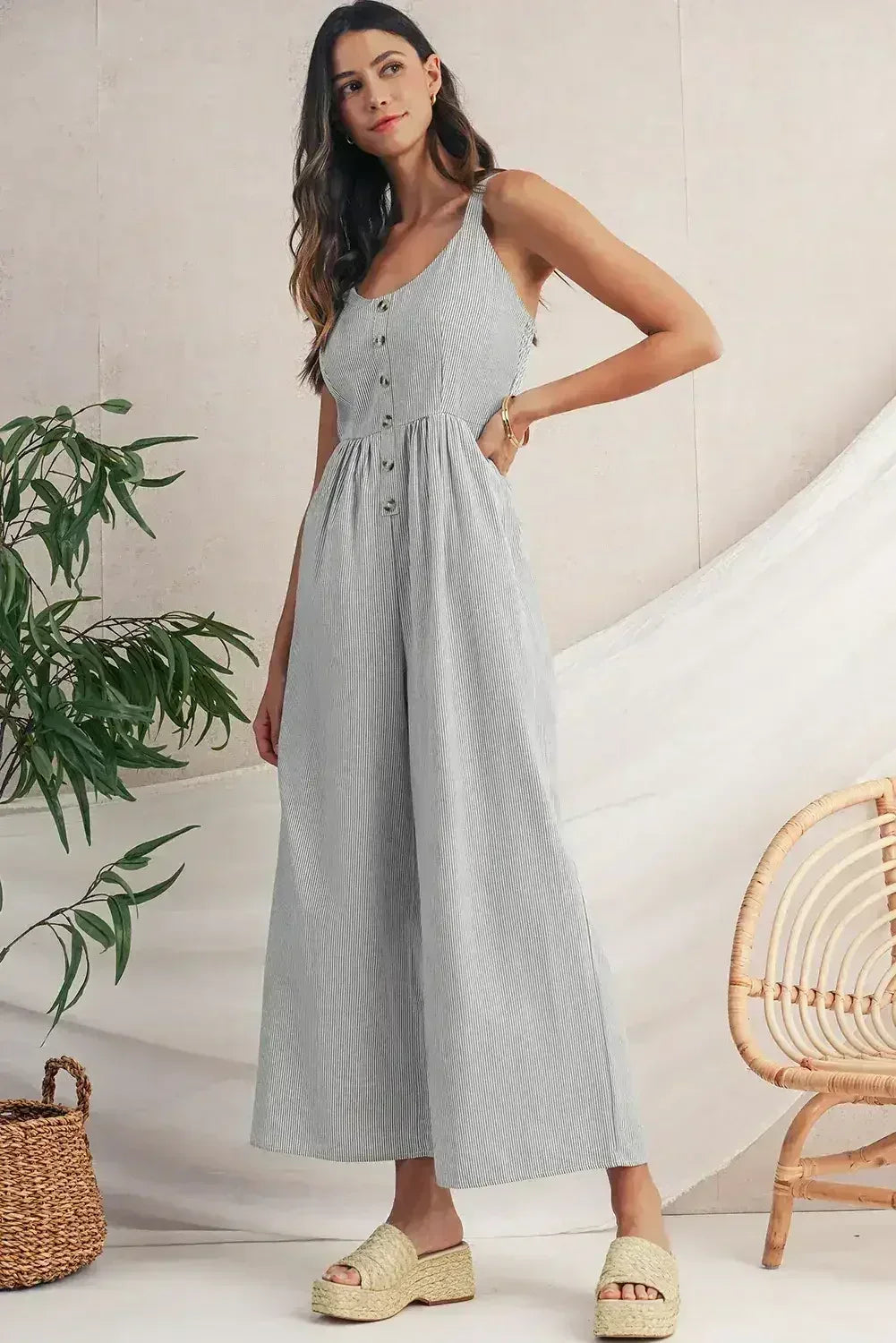 Black Stripe Half Buttoned Sleeveless Wide Leg Jumpsuit - Femstylo