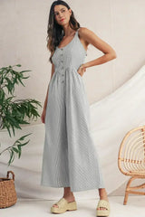 Black Stripe Half Buttoned Sleeveless Wide Leg Jumpsuit - Femstylo