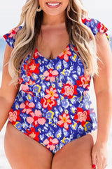 Blue Floral Print Ruffled V Neck High Waist One Piece Swimwear - Femstylo