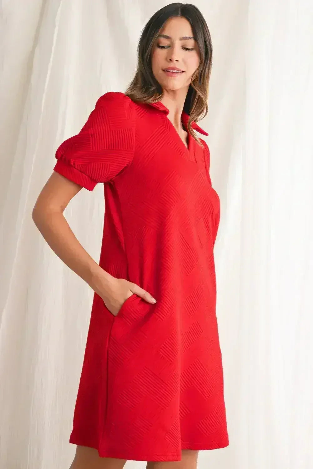 Fiery Red V Neck Puff Sleeve Textured Mini Dress - Femstylo