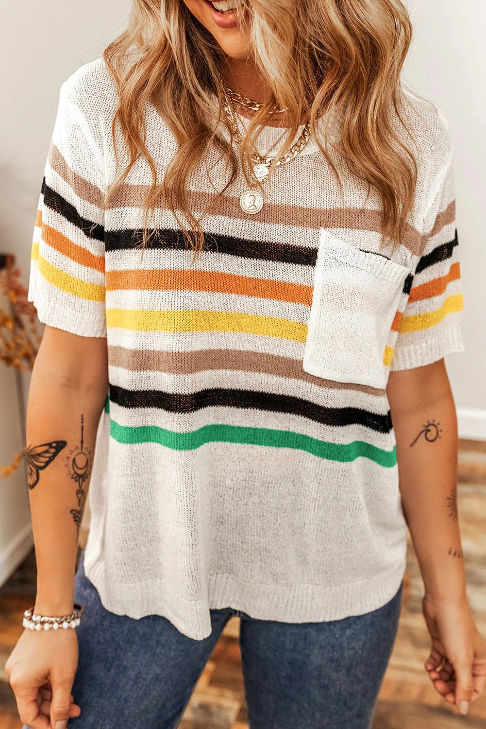 White Colorful Striped Pocket Loose Fit Knitted T Shirt