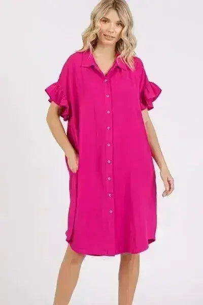 Mittoshop Button Down Flounce Sleeve Dress with Pockets - Femstylo