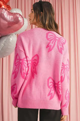 Pink Bow Pattern Drop Sleeve Loose Sweater - Femstylo