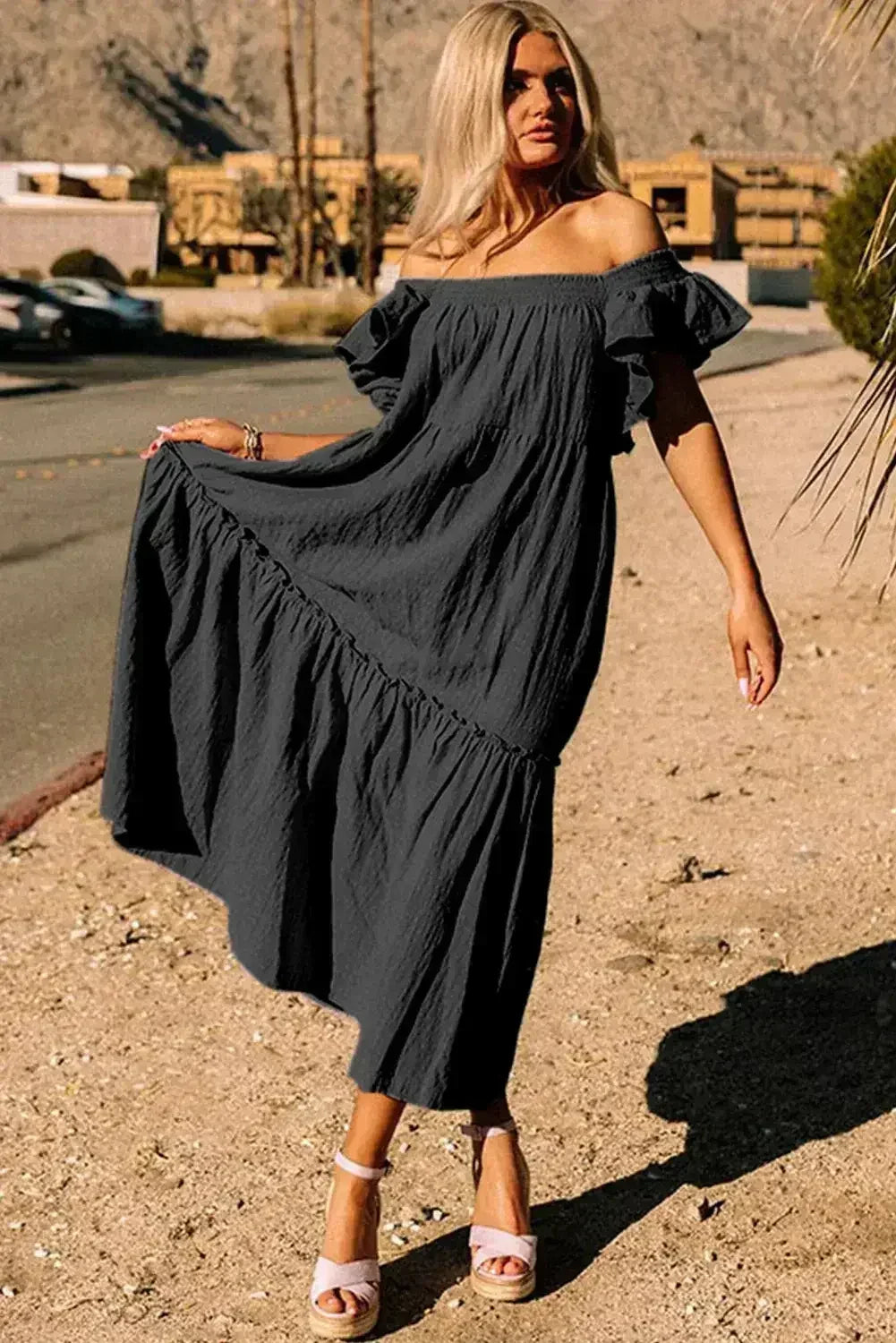 Purple Ruffled Flutter Sleeve Square Neck Textured Tiered Maxi Dress - Femstylo
