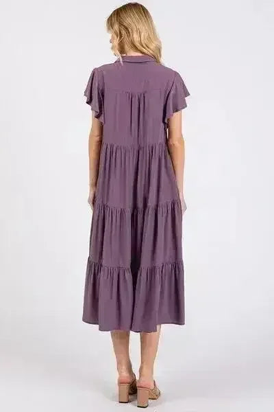 Mittoshop Ruffle Sleeve Collared V Neck Tiered Midi Dress - Femstylo