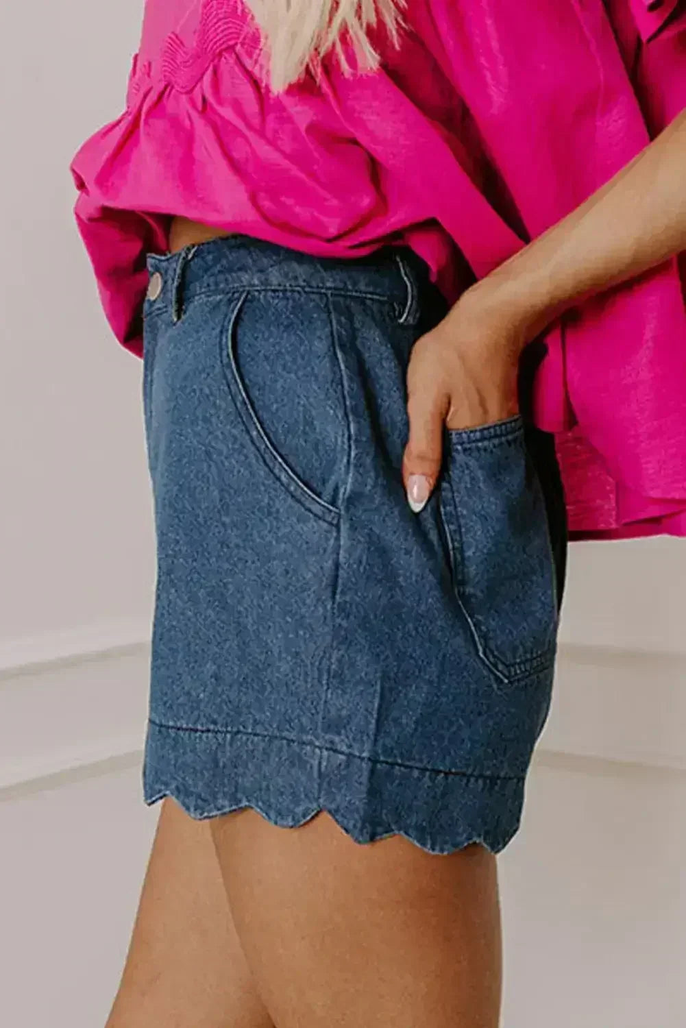 Sail Blue Scalloped Hemline Light Wash Denim Shorts - Femstylo