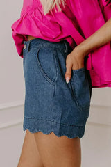 Sail Blue Scalloped Hemline Light Wash Denim Shorts - Femstylo