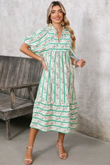 Multicolor Boho Floral Striped Tie V Neck Long Dress - Femstylo