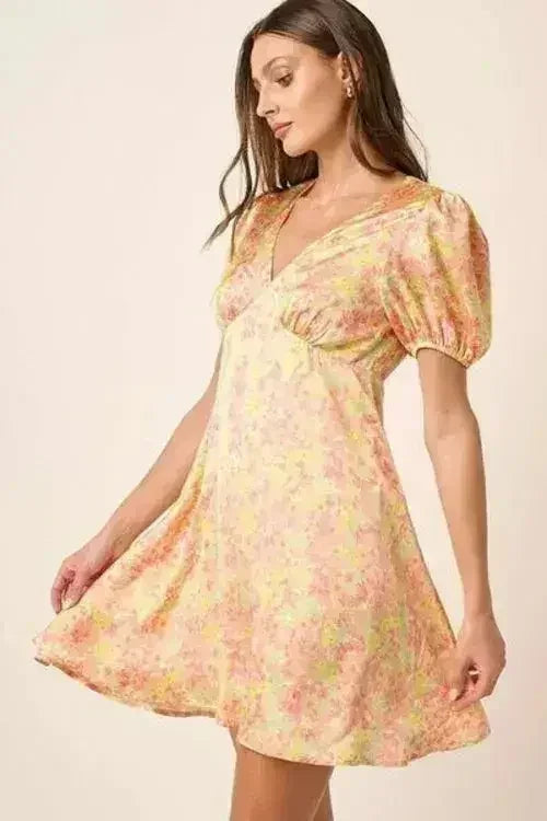 Mittoshop Printed V-Neck Puff Sleeve Mini Dress - Femstylo