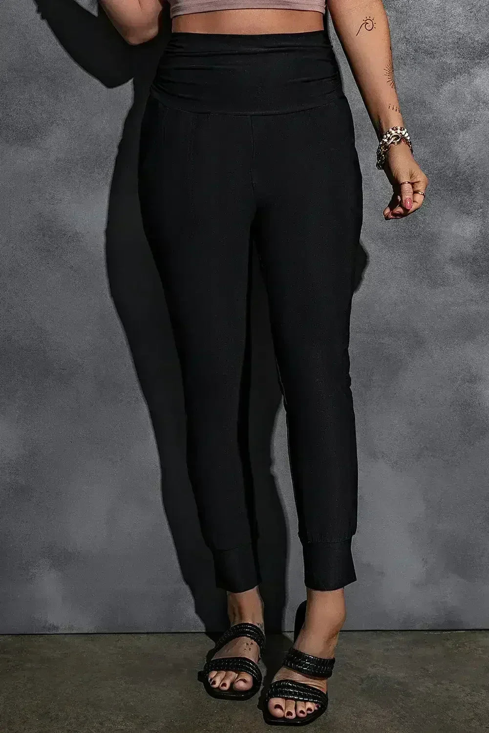 Black Pleated Casual Pocket High Waisted Leggings - Femstylo