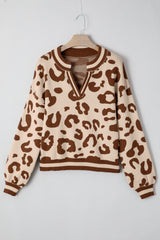 Light French Beige Leopard Printed Knit V Neck Sweater