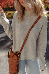 Gray Morn Waffle Knit Ribbed High Neck Drop Shoulder Sweater