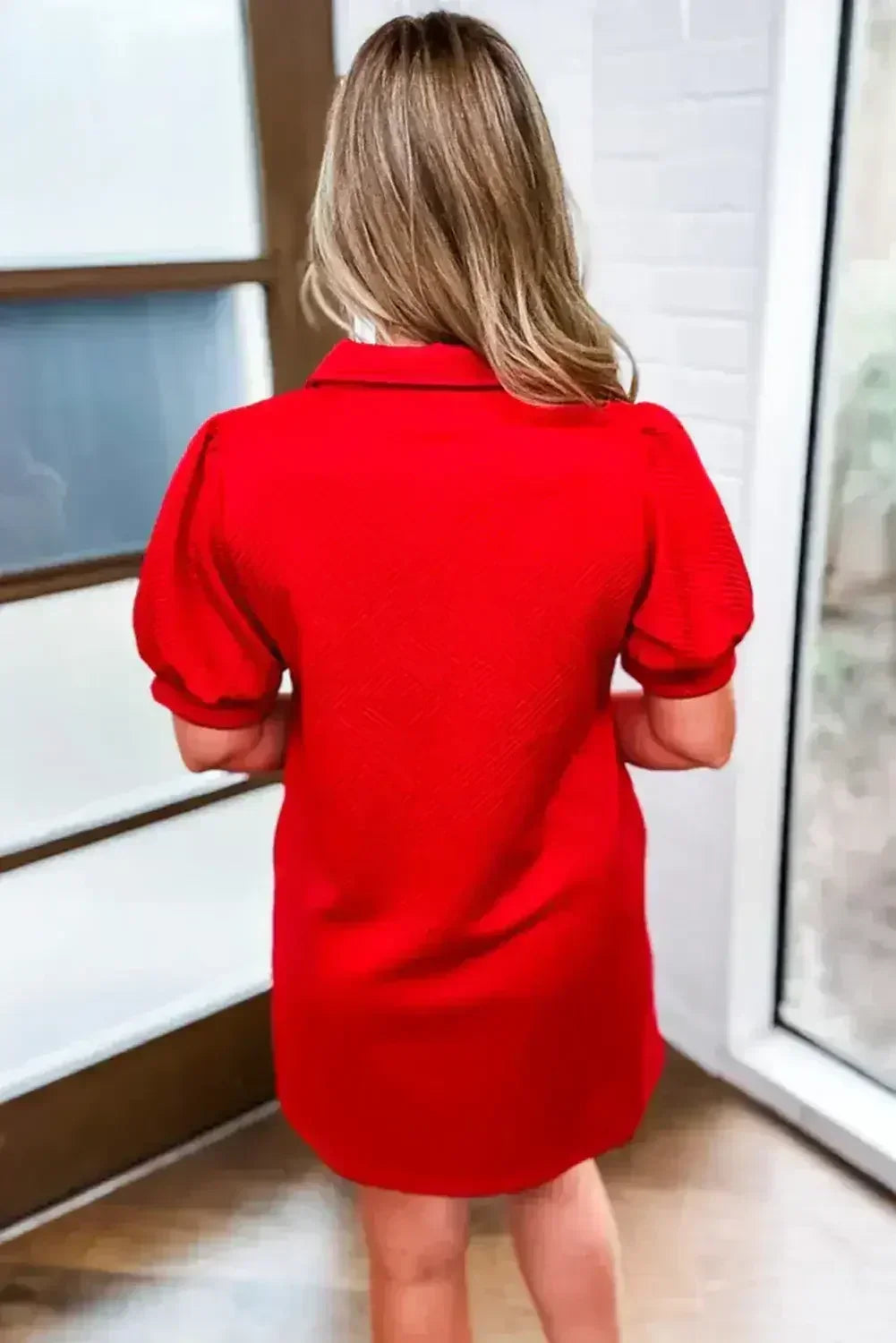 Fiery Red V Neck Puff Sleeve Textured Mini Dress - Femstylo
