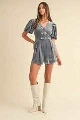 Mable Jewel Bow Decor Puff Sleeve Velvet Romper - Femstylo