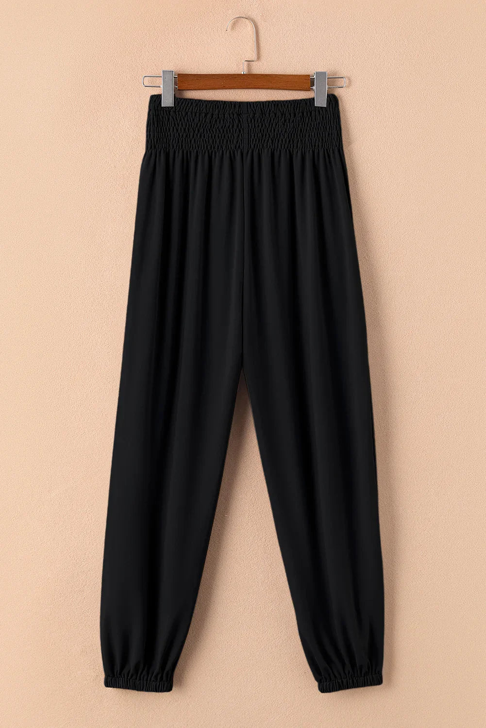 Navy Blue Shirred Smocked High Waist Joggers