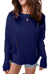 Navy Blue Mix Texture Knit Eyelet Detail Casual Sweater