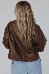 Chicory Coffee Flap Pocket Drawstring Hem Leather Jacket