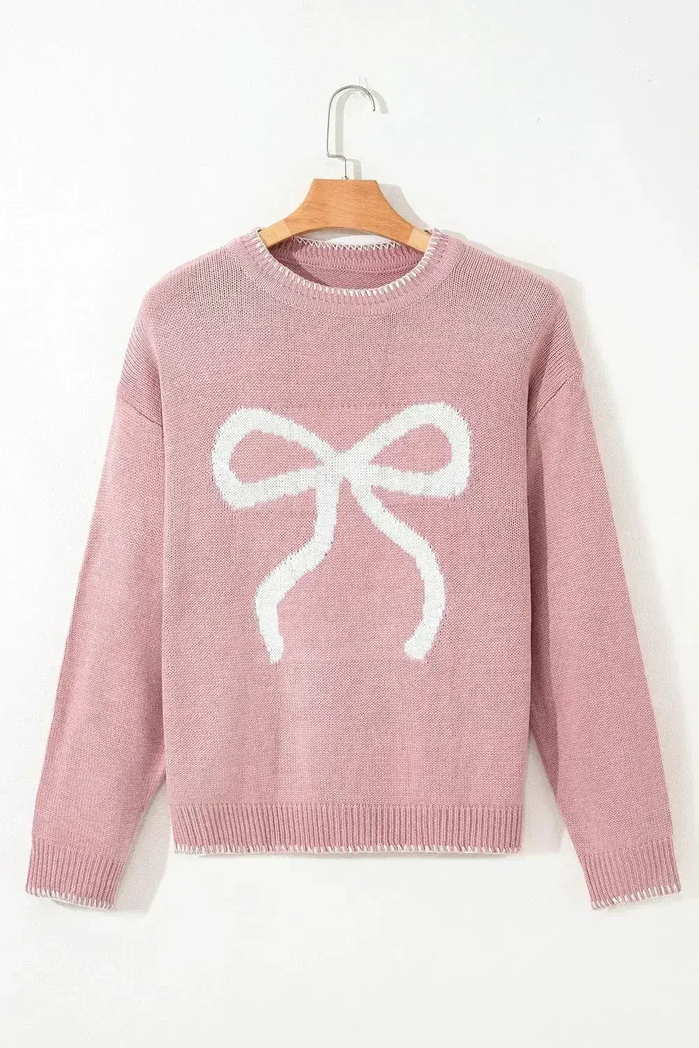 Pink Sweet Bow Drop Sleeve Round Neck Sweater - Femstylo