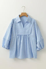 Sky Blue Striped Ric Rac Trim Collared V Neck Blouse - Femstylo