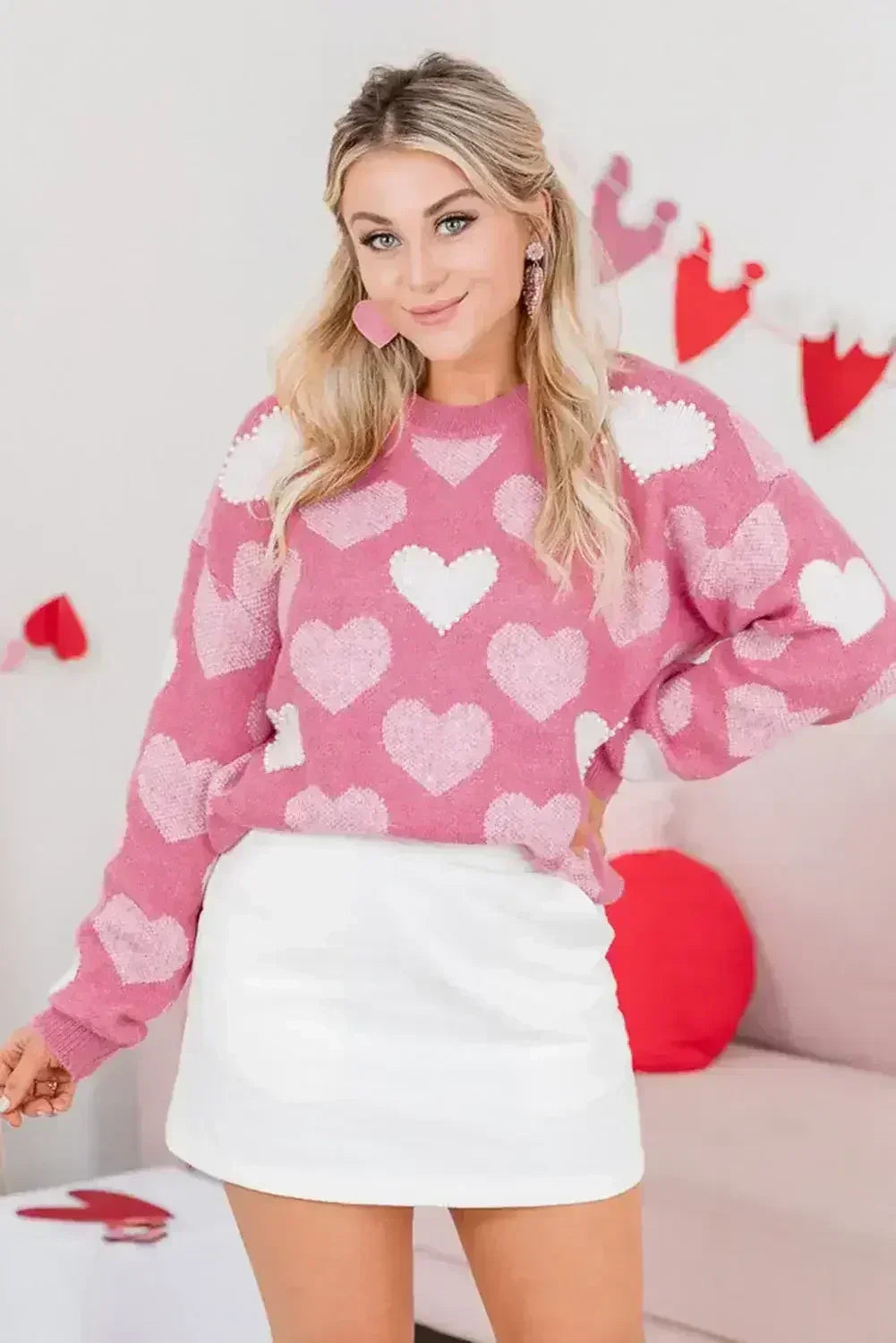 Pink Pearl Heart Print Valentines Crew Neck Sweater - Femstylo