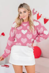 Pink Pearl Heart Print Valentines Crew Neck Sweater - Femstylo