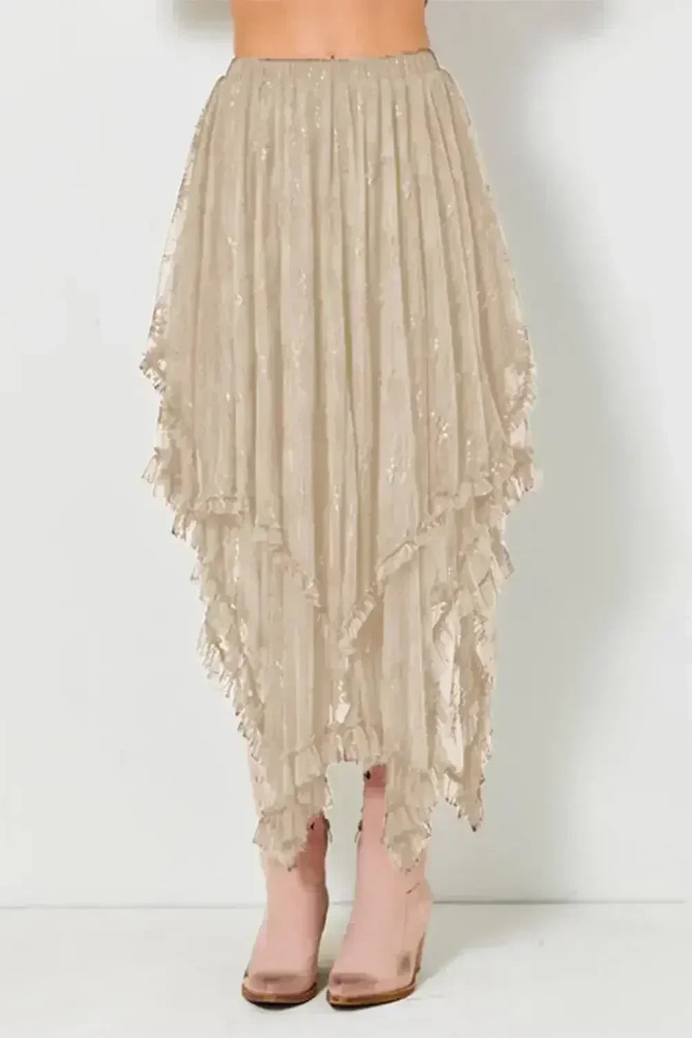 Beige Lace Cascading Tiered High Waist Maxi Skirt - Femstylo