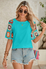 Turquoise Boho Hollowed Floral Crochet Sleeve T Shirt