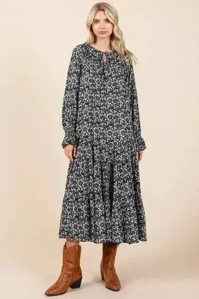 Mittoshop Printed Tie Neck Flounce Sleeve Midi Dress - Femstylo