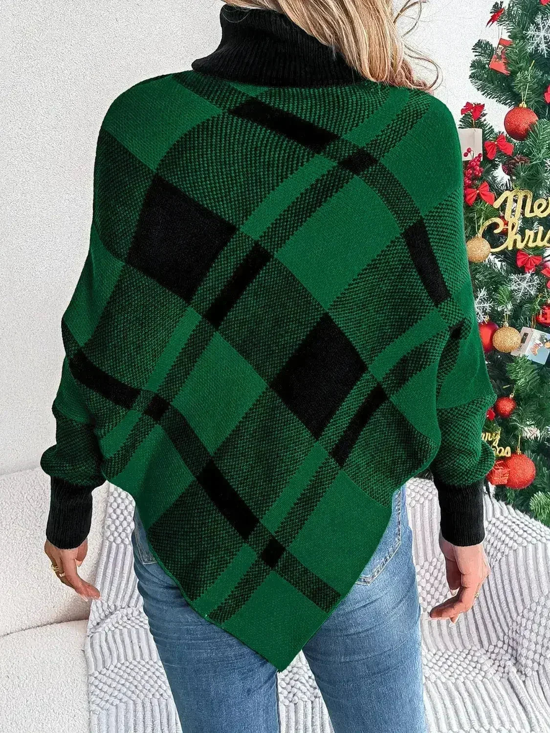 Plaid Turtleneck Batwing Sleeve Sweater - Femstylo