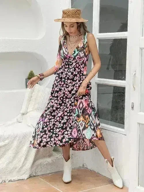 Printed Plunge Midi Dress | Sleeveless Tied Waist | Polyester - Femstylo