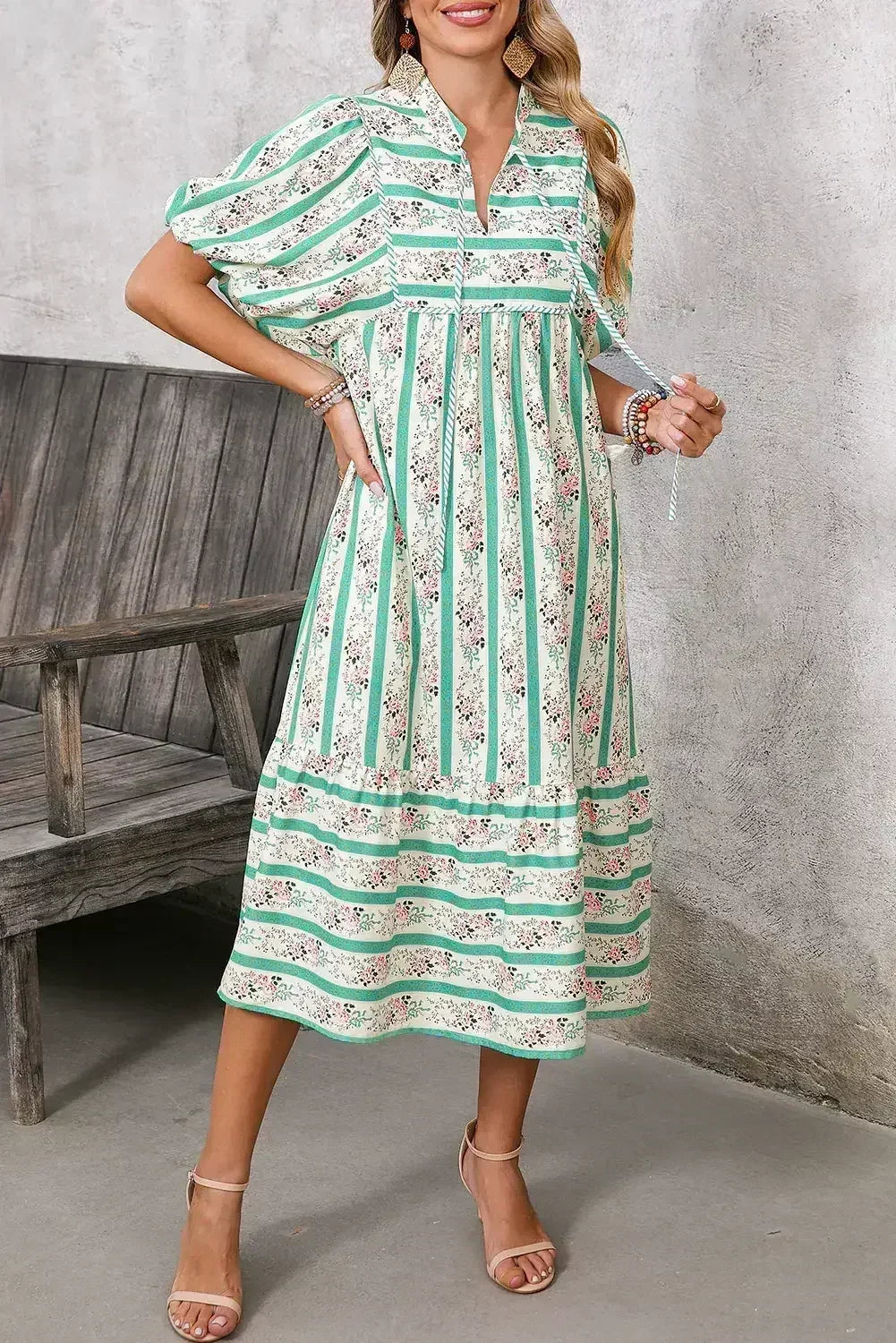 Multicolor Boho Floral Striped Tie V Neck Long Dress - Femstylo