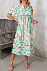 Multicolor Boho Floral Striped Tie V Neck Long Dress - Femstylo