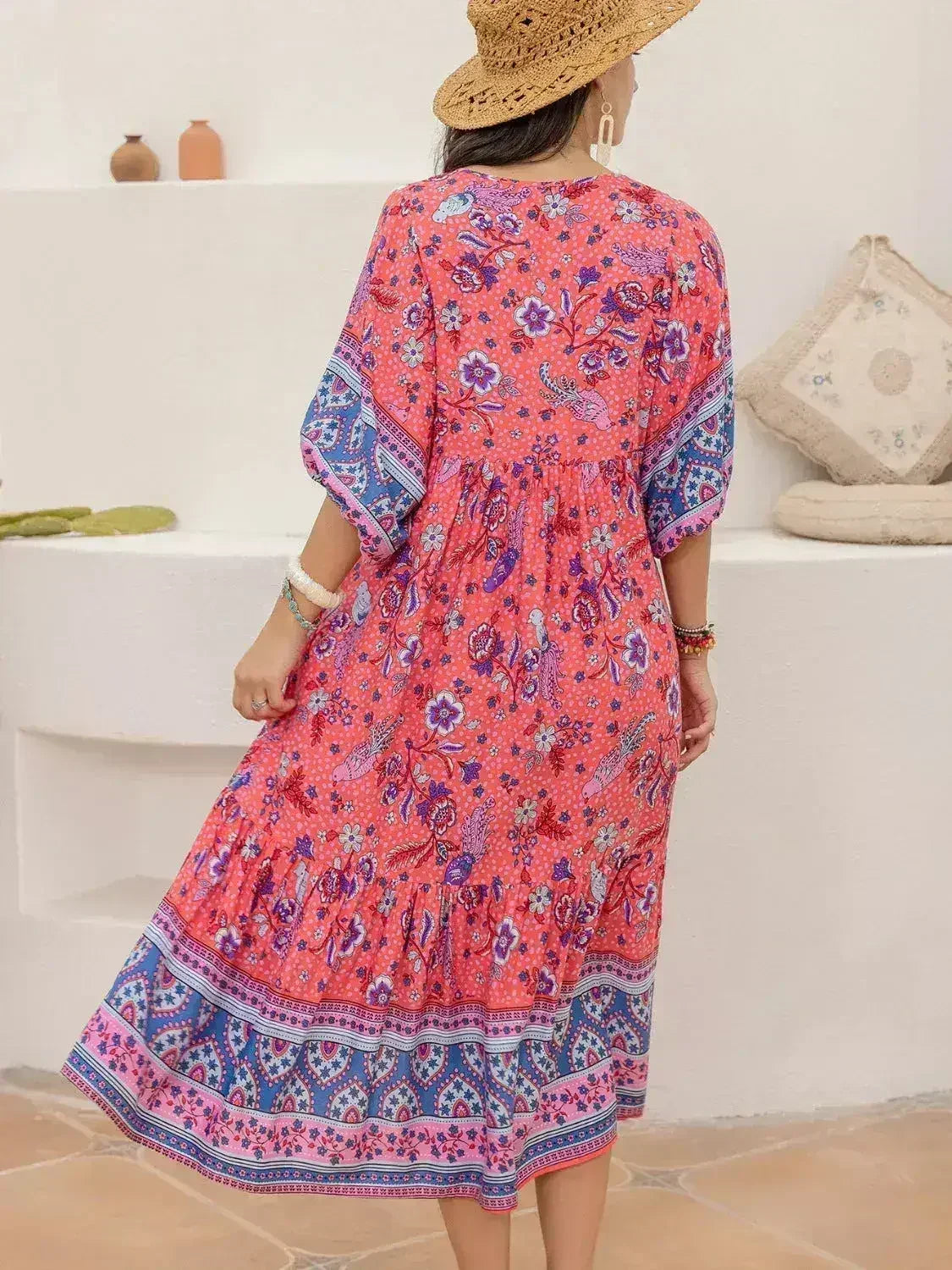 Printed Puff Sleeve Midi Dress - Femstylo