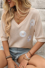 Jet Stream Flower Embroidered Waffle Knit T Shirt