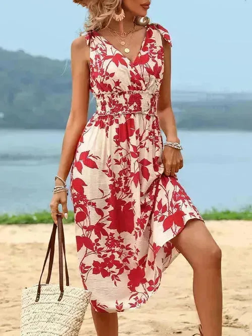 Smocked Surplice Midi Dress - Viscose Flowy Dress | Femstylo
