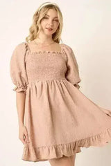 Mittoshop Smocked Ruffled Hem Half Sleeve Mini Dress - Femstylo