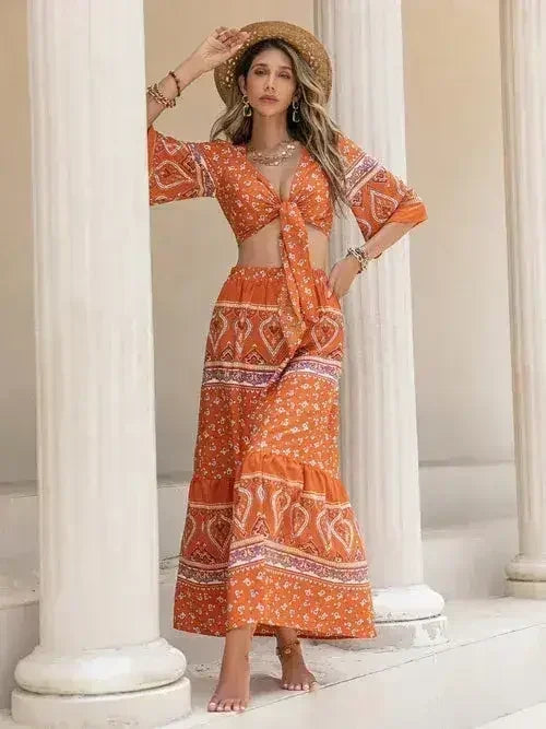 Printed Plunge Half Sleeve Top and Skirt Set - Femstylo