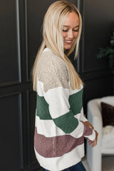 Green Mixed Texture Knit Striped Color Block Loose Sweater