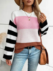 Color Block Round Neck Long Sleeve Sweater - Femstylo