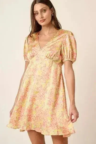 Mittoshop Printed V-Neck Puff Sleeve Mini Dress - Femstylo