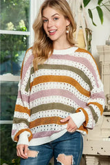 Multicolor Striped Hollowed Knitted Loose Sweater - Femstylo
