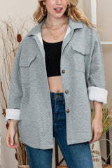 Gray Lattice Texture Retro Flap Pocket Button Quilted Shacket