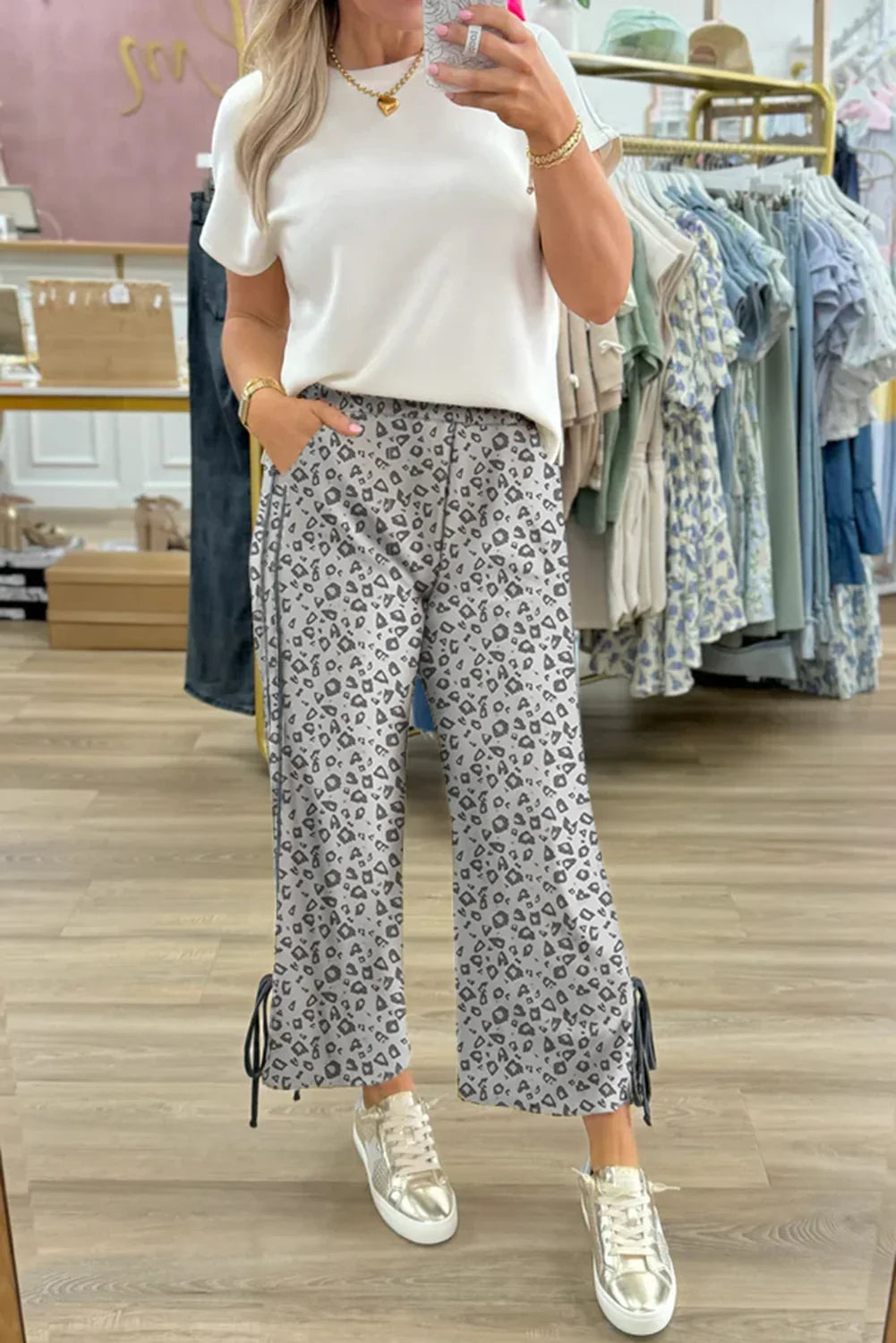 Khaki Leopard Print High Rise Knot Side Pants