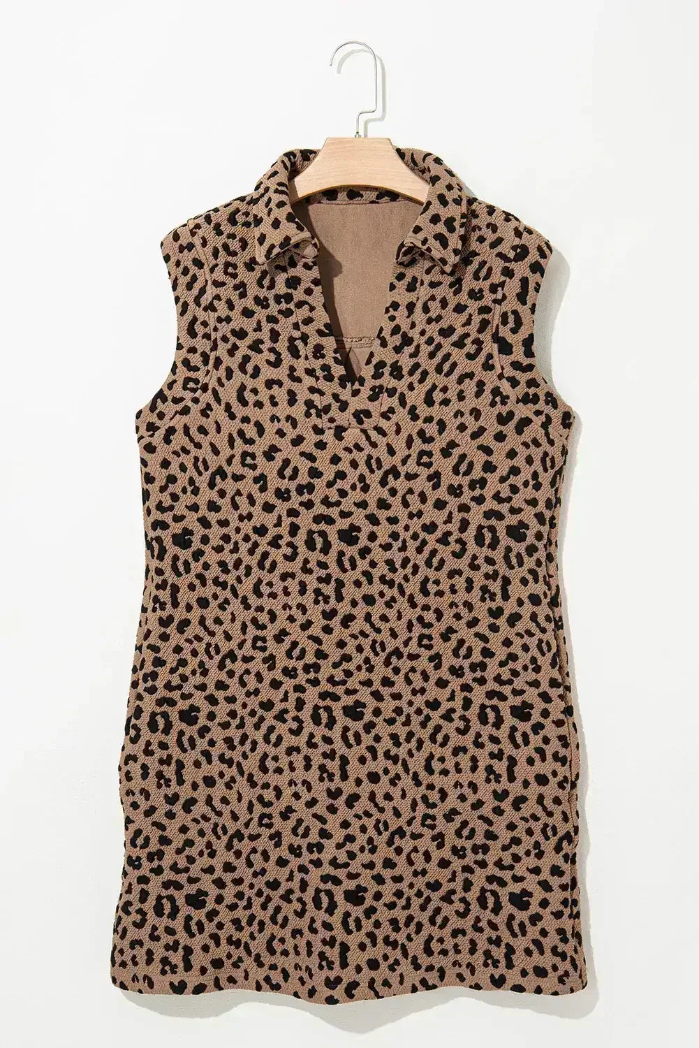 Khaki Leopard Print V Neck Sleeveless Collared Mini Dress - Femstylo