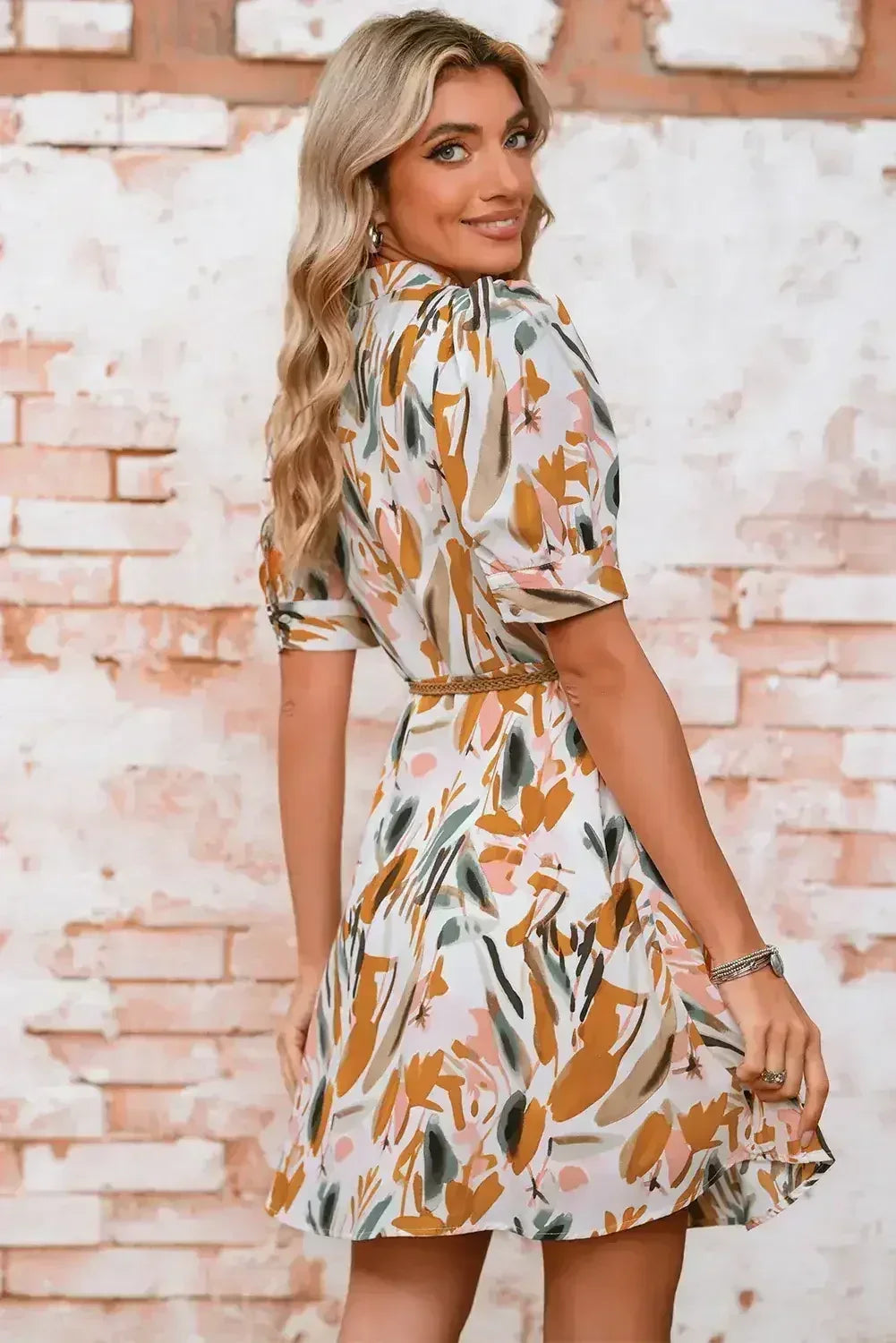 Brown Abstract Puff Sleeve Button Up Braided Belt Mini Dress - Femstylo