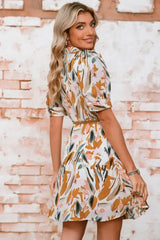 Brown Abstract Puff Sleeve Button Up Braided Belt Mini Dress - Femstylo